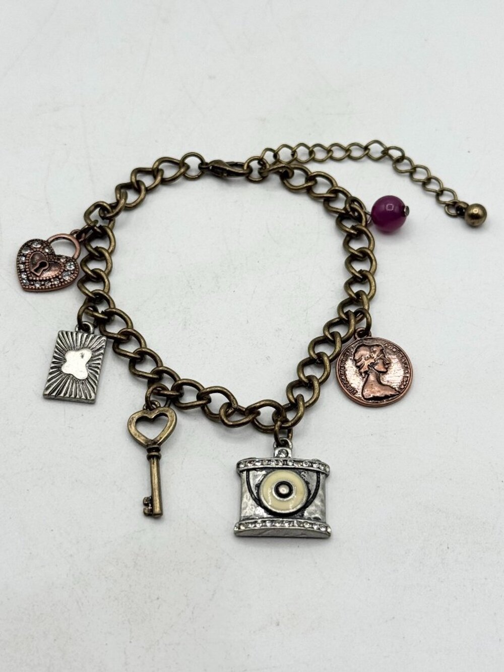 Gold rhinestone coin key heart rhinestone charm bracelet